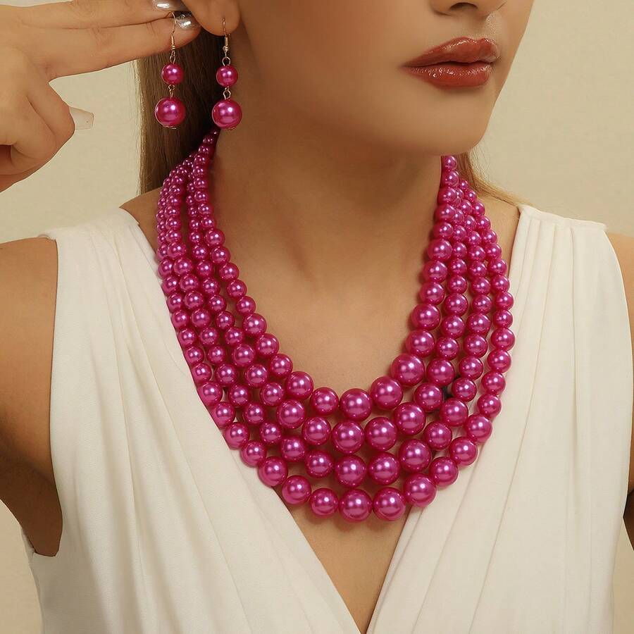 1 Set Handmade Multi-Layer Exaggerated Faux Pearl Beaded Necklace, Bohemian Style Beach Resort Party Middle Eastern Evening Banquet South Asian Fashion Elegant Women Jewelry Necklace & Earrings - Hot Pink - View 1