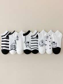 4双随机卡通猫咪图案休闲薄款短袜，女士款，春夏款 - 彩色 - 查看 2