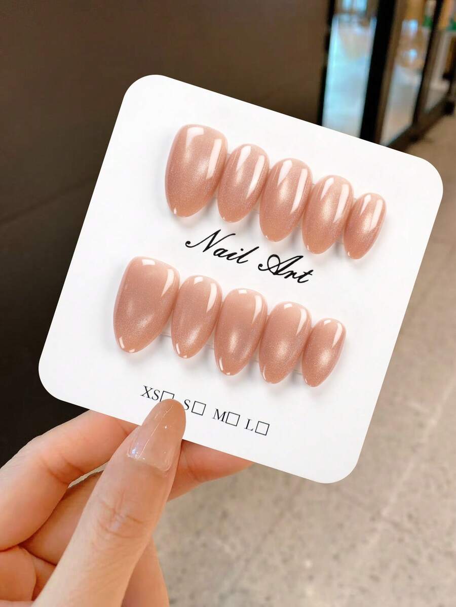10pcs Nude Pink Cat Eye Acrylic Nail Stickers, Elegant Ballet Style Sweet Solid Color Nails, Short Flat Almond Shape Whitening High-End Elegant, Handmade Reusable False Nails, Upgrade Your Charm - Blue - View 1