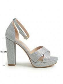 Women's Glitter Chunky Heel Sandals, Open Toe Crisscross Strap Party Shoes, Elegant Block Heel Footwear For Wedding And Party. - 銀色 - 查看 3