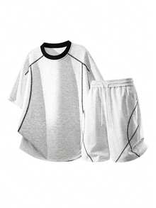 Men's Round Neck Short Sleeve T-Shirt And Pocket Shorts Casual Daily Outfit - Light Grey - View 2