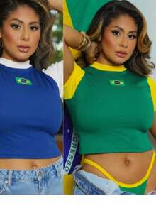 Set Of 2 Women's Cropped Two-Tone World Cup Blouses With Brazilian Flag, Ribbed Fabric, No Padding. - Màu xanh lam - Xem 2