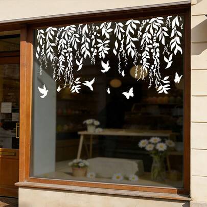 1/2 piezas Pegatina de ventana con silueta blanca de plantas y pájaros, adhesivo de PVC reutilizable con adsorción electrostática, adecuado para salas de estar, comedores, cocinas, oficinas y decoración del hogar.