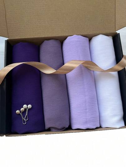 1盒女士纯色端庄褶皱雪纺日常头巾，穆斯林头巾