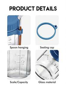 500毫升/16盎司（半罐装）隔夜燕麦梅森罐，带勺盖，密封燕麦片容器，带刻度，便携式谷物罐 - 藍色/1pcs - 查看 6