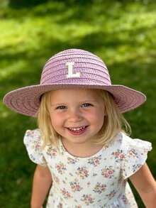 1顶26字母定制儿童草帽，适合作为礼物、日常外出、野餐、日光浴、海滩度假 - 紫色 - 查看 2