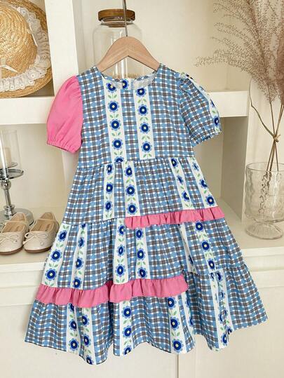 Girls' Fashionable Sweet Colorblock Floral Print Cinched Waist Puff Sleeve Midi Dress, Casual/Vacation Style, Summer