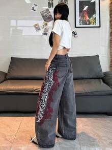 1pc Women's Loose Fit Embroidered Wide Leg Jeans, Comfortable Casual High Street Fashion Pants (Belt/Accessories Not Included) Spring Black - màu đen - Xem 10
