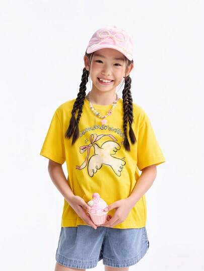 Annil Áo thun ngắn tay cổ tròn cho bé gái, áo len dệt kim dành cho trẻ em cỡ trung bình và lớn, học sinh, áo mặc thường ngày đa năng cho bé gái.