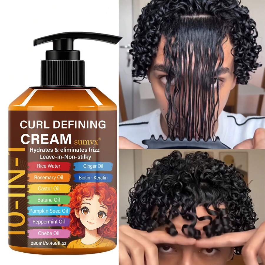 SUMVX 9.468 Fl.Oz 10-In-1 Curl Defining Cream | Moisturizing Adult Curl Styling Cream | 1 Bottle, Long-Lasting Hold, Anti-Frizz, Non-Greasy, Suitable For Normal, Wavy And Curly Hair Styling, Fashionable Bottle Design, Unisex - 280ml - View 1