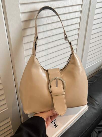 1pc Khaki PU Smooth Zipper Metal Loop Decor Fashionable Versatile Casual Solid Color Minimalist Spring New Arrival Niche One Shoulder Handbag, Suitable For Women's Daily Use