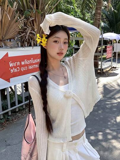 Spring And Summer New Arrival Floral Knit Sweater Women's Korean Style Petite Solid Color Lightweight Outerwear Air Conditioner Cover-Up