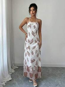 Sedessea Women's Leaf Print Split Design Casual Party Dress Summer Elegant - Multicolor - View 5