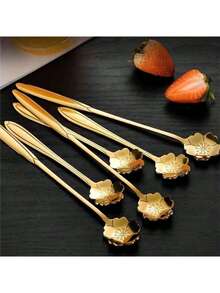 1/3/5/10/20 piezas Cucharas de acero inoxidable con diseño de hoja, cucharas creativas doradas para revolver café, cucharas multifunción para tartas, postres y uso diario, útiles escolares - 5 cucharas de flor de cerezo. - Ver 5