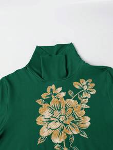 女士优雅印花长裙，长袖，仿亮片印花，高领 | 印花长袍，中东风格连衣裙，穆斯林长袍 - 墨綠色 - 查看 3