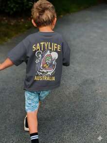 1 chiếc áo thun ngắn tay in hình đầu lâu dành cho bé trai, kiểu dáng thường ngày. - Màu xám đen - Xem 2