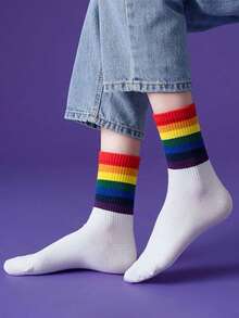 3/6 Pairs Rainbow Striped Mid-Calf Socks For Women, Ins College Style Colorful Socks, Match With Leggings For Spring & Autumn - Multicolor - View 3