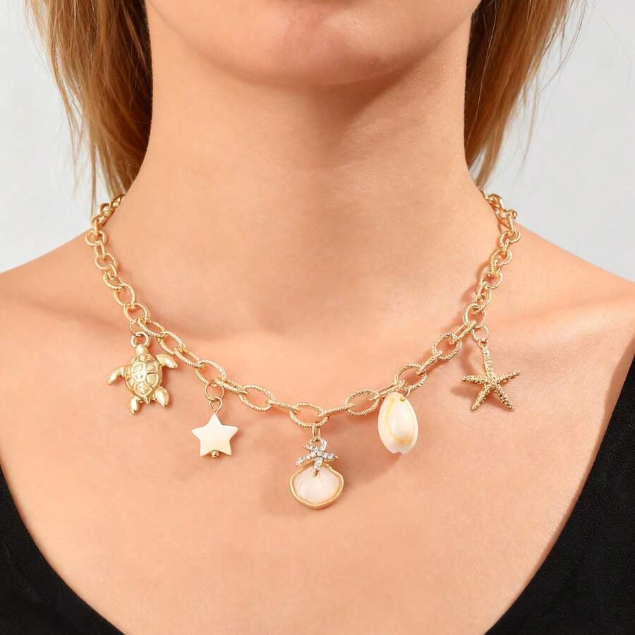 1件优雅海滩度假风海龟、贝壳、仿珍珠吊坠项链，融合海洋元素，适合夏季日常佩戴、海滩、婚礼、派对等场合。 - 金色 - 查看 1