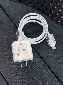 3件套苹果充电器保护套，花卉字母波浪图案设计，兼容18W/20W快充适配器，防刮配件（A-Z图案） - 彩色 - View 5