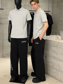 男士休闲裤，直筒条纹设计，抽绳裤脚，尼龙速干面料，宽松阔腿裤 - 黑色 - 查看 7