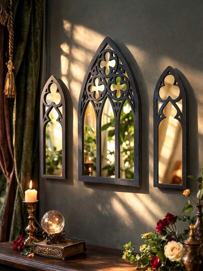 3pcs Gothic Arched Mirror Wall Decor, Vintage Church Window Style Wall Mirror, Medieval Window Shaped Wall Decor, Retro Gothic Home Wall Mirror Set, Bohemian Gothic Home Decor, Classical Inspired Wall Mirror Decor, Rustic Vintage Wall Decor, Suitable For Living Room, Bedroom, Entryway Wall Decor, Apartment Ambiance Wall Decor, Personalized Wall Decor, Medieval Church Window Shaped Home Decor