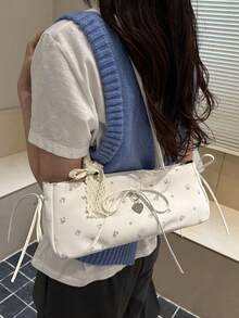Nuevo bolso de moda con estampado completo, decoración de lazo de encaje, elegante bolso de hombro de metal de uso múltiple para mujeres, adecuado para compras, billetera, compras, mujeres jóvenes, estudiantes universitarios, recién casados, trabajadores de cuello blanco. Ideal para oficina, escuela, trabajo, transporte, actividades al aire libre, viajes, salidas y otras ocasiones. - Blanco - Ver 5