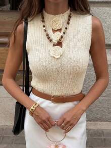 Women's Delicate Floral Hollow Out Mock Neck Fitted Cropped Top Summer - Apricot - View 3