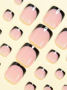 24pcs Short Square Pressed Nail Stickers, Minimalist Pink & Black French Full Coverage Fake Nails Set, Suitable For Women & Girls Daily Wear, Includes 1 Adhesive Sticker Sheet & 1 Mini Nail File, Random Delivery Of Jelly Glue - Multicolor - View 3