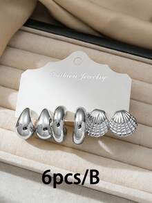 6-18pcs Fashionable Minimalist Heart, Teardrop, Shell, Conch, C-Shape, Geometric Design Stud Earrings, Suitable For Summer Travel And Daily Vacation Wear - Silver - View 8