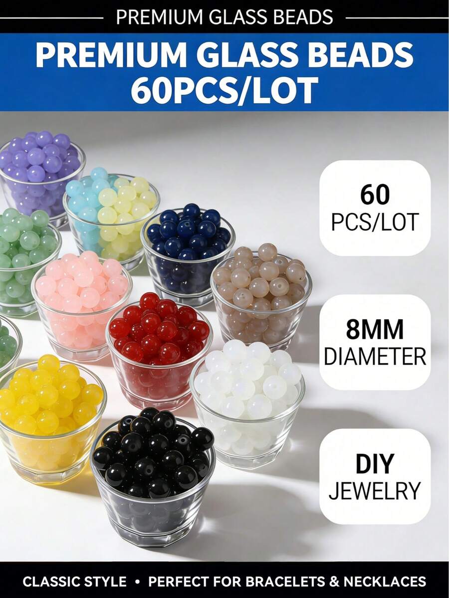 60 Piezas De Cuentas De Vidrio Clásicas Y Sólidas De 8 Mm Para Joyería De Cuentas Hecha A Mano, Adecuado Para Uso Diario, Hombres Y Mujeres, Se Puede Utilizar Para Trenzar Brazaletes Y Collares - Cuentas de color sólido de 8 mm - Ver 1