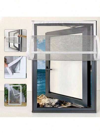 Removable Magnetic Window Screen, Easy Install Fly Screen Door, No Drill Needed, Hook And Loop Adhesive, Mesh Curtain For Home, Seasonal Use, Grey Frame With White Edges