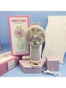 Ventilador de Mano de Conejo Lindo de Verano, Mini Ventilador USB Recargable de Dibujos Animados, Portátil de Escritorio, Silencioso y Potente para Estudiantes - Morado - Ver 8