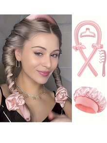 4pcs Set: No-Heat Curling Headband + Sleep Cap + Wave Comb, No-Heat Curler, Silk Curling Headband, Soft Foam Sleep Headband, Sleep Curling Set, Women Long Hair Styling Tools, Slouchy Curling Styling Tools (Pink), Home & Bathroom Decor - Multicolor - View 1