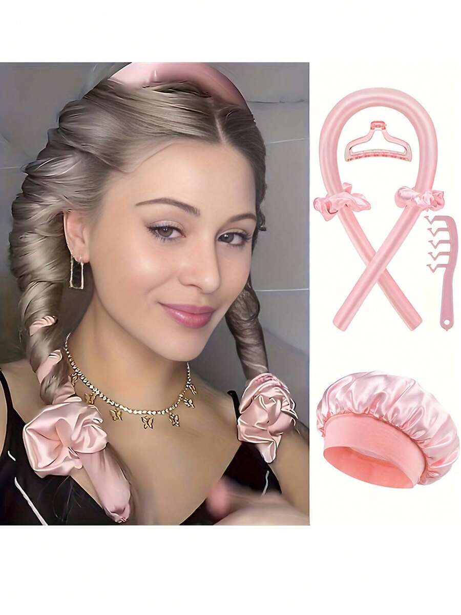 4pcs Set: No-Heat Curling Headband + Sleep Cap + Wave Comb, No-Heat Curler, Silk Curling Headband, Soft Foam Sleep Headband, Sleep Curling Set, Women Long Hair Styling Tools, Slouchy Curling Styling Tools (Pink), Home & Bathroom Decor - Multicolor - View 1