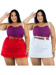 Short Saia Plus Size Alfaiataria com Cinto várias cores Verão - KIT 2  BRANCO/VERMELHO - Visão 1