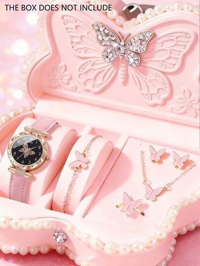 6件套极简奢华女士石英表，梦幻少女蝴蝶石英表套装，包括粉色皮表带黑色表盘蝴蝶图案镶钻表圈手表、粉色蝴蝶链手链、项链、耳环和戒指，以柔和的粉色和活泼的蝴蝶元素为中心。