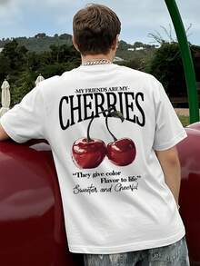 FRACTYR 男士夏季休闲街头时尚宽松樱桃印花圆领短袖T恤 - 白色 - 查看 1