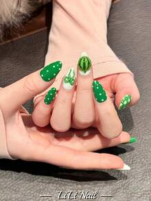 10pcs Handmade Acrylic Nail Stickers, Short Nails, Almond Shape, Green, White, INS Style, Polka Dots, Bowknot, 3D, Hand-Painted, Checkerboard Pattern, Cute Nails, Affordable, Nail Art Supplies, Reusable Nail Tips With Nail Tools, Suitable For Daily, Party, Office, Gift - Green - View 4