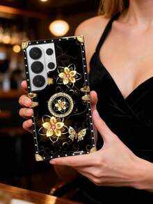 1pc Gold Flower & Butterfly Flat Pattern Rectangle Shockproof Phone Case, Compatible With Samsung Galaxy S26 Ultra/S26/S26 Plus/S25FE/S25Ultra/S25+/S25/S24 Plus/S24/S24U/S23 Ultra/S22ULTRA/A56 5G/A36/A17/A16 And Apple 17proamx/17/16 Promax/16/15PRO Max/15/14 Plus/15plus/14 Pro Max/13promax Models. [International Version, Not Domestic] - Black and Gold + Ring Holder - View 5