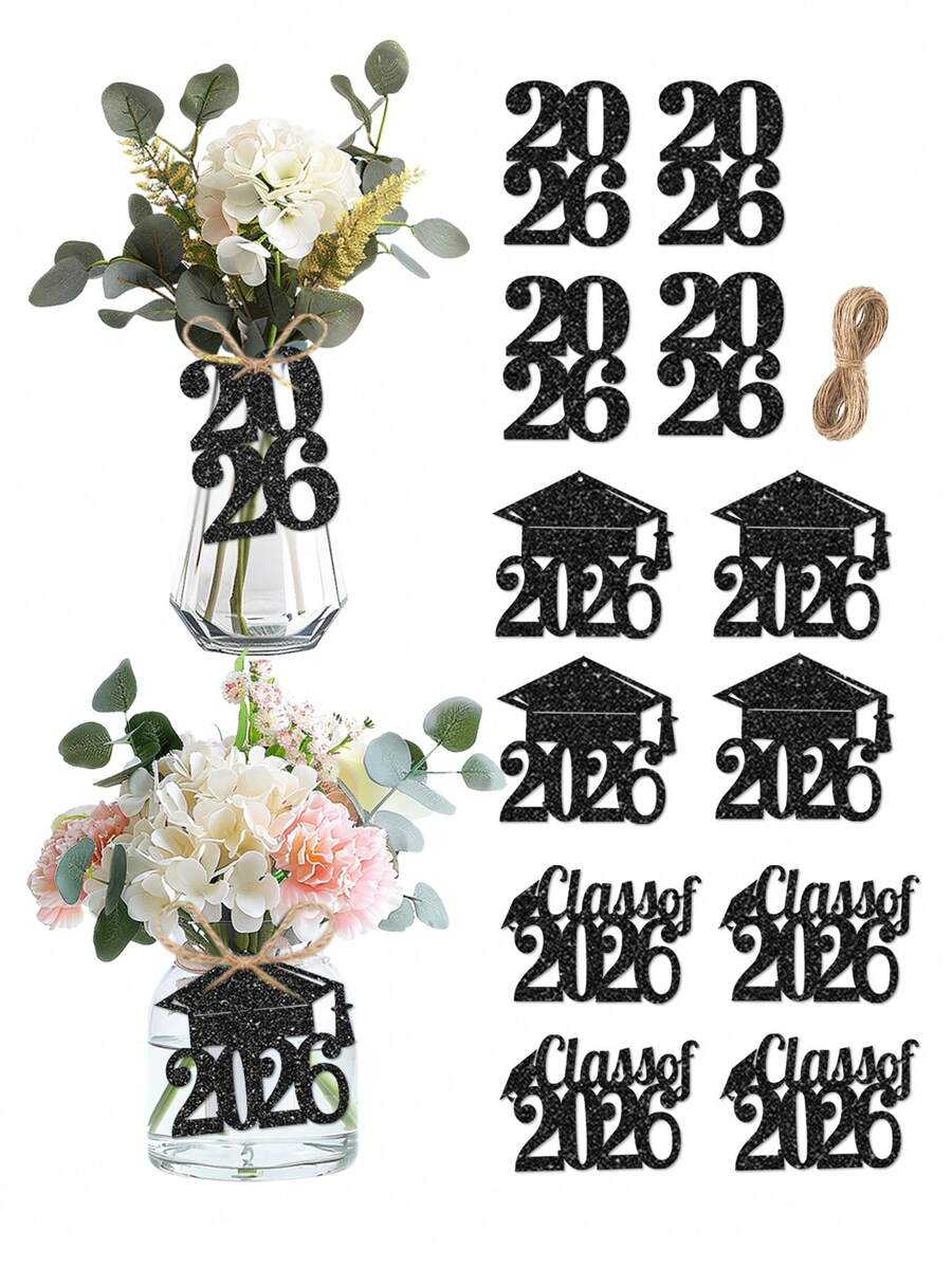 12pcs/Set Black Glitter "Class Of 2026" Graduation Party Vase Tags Decorations - Black - View 1