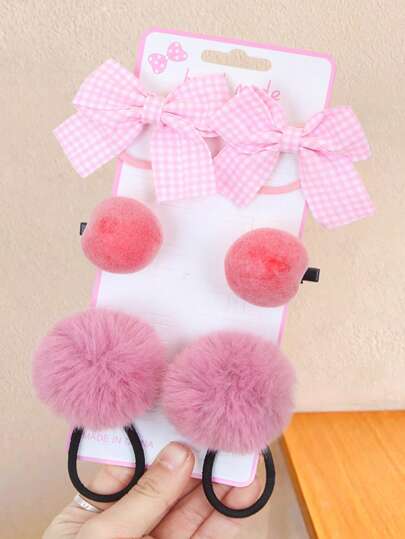 6pcs/Set Cute Pink Hair Accessories Set, Plaid Bow Hair Scrunchies + Fluffy Peach Hair Clips + Furry Ball Hair Ties - Suitable For Girls And Women, Applicable For Daily Wear, Parties, Photo Shoots, Outings And More Occasions