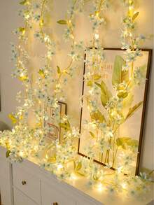 1pc Blue 20LED Spring Flower Fairy String Lights, Romantic Hanging, Artificial Flower Spring Decor Lights, Pink Floral Vine Lights, Battery Powered (Batteries Not Included), Green Leaf Vine, Suitable For Valentine's Day, Spring Decor, Wedding Decor, Home, Bedroom, Garden, Wedding, Mother's Day Decor, Party - Multicolor - View 2