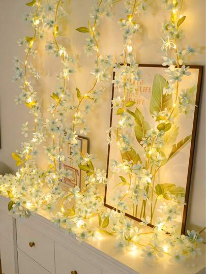 1串蓝色20LED春季花仙子串灯，浪漫悬挂式人造花春季装饰灯，粉色花藤灯，电池供电（不含电池），绿叶藤蔓，适用于情人节、春季装饰、婚礼装饰、家居、卧室、花园、母亲节装饰、派对等场合。