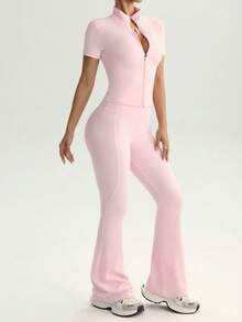 FWH Bộ đồ 2 món phong cách thành thị sành điệu, áo khoác có khóa kéo thắt eo phối cùng quần ống loe cạp cao, áo khoác cổ lọ có khóa kéo phối cùng quần ống loe cạp cao, bộ đồ 2 món phong cách đường phố giúp thon gọn và định hình vóc dáng cho nữ. - Hồng - Xem 4