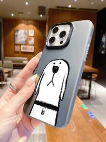 Fashionable Dog Pattern Luxury Gradient Black & Silver IMD Silicone Soft Edge Acrylic Hard Back Plate Large Hole Camera Protection Anti-Drop Thick PC Metal Button Phone Case Compatible With IPhone///// - Black - View 2