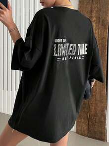 Oversized Summer T-Shirt With Letter Graphic On Dropped Shoulders - Black - View 6