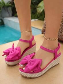 Sandal đế xuồng dệt dày, quai sau chun, mũi tròn, có nơ dành cho tuổi teen, phong cách nghỉ mát ngọt ngào, đi làm hàng ngày, đi biển, đi học, đi chơi với bạn bè, sandal đế xuồng dệt màu đen mũi tròn có nơ, sandal đế xuồng dệt màu đỏ hồng mũi tròn có nơ. - Màu Hồng Tươi - Xem 7