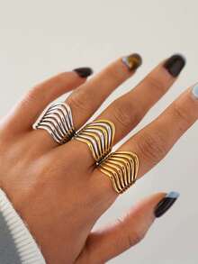 3pcs/1pc Line-Cut Geometric Stainless Steel Open Ring, Ladies Clothing, Suitable For Women's Daily Wear, Party And Dating Occasions - Multicolor - View 8