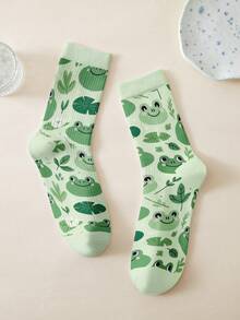 1 Đôi tất dài đến bắp chân, họa tiết ếch hoạt hình dễ thương, in kỹ thuật số 360 độ, đa năng. - Nhiều màu - Xem 2