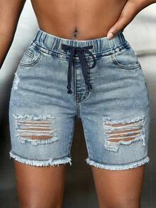 Casual Summer Solid Color Ripped Skinny Denim Shorts - 藍色 - 查看 6